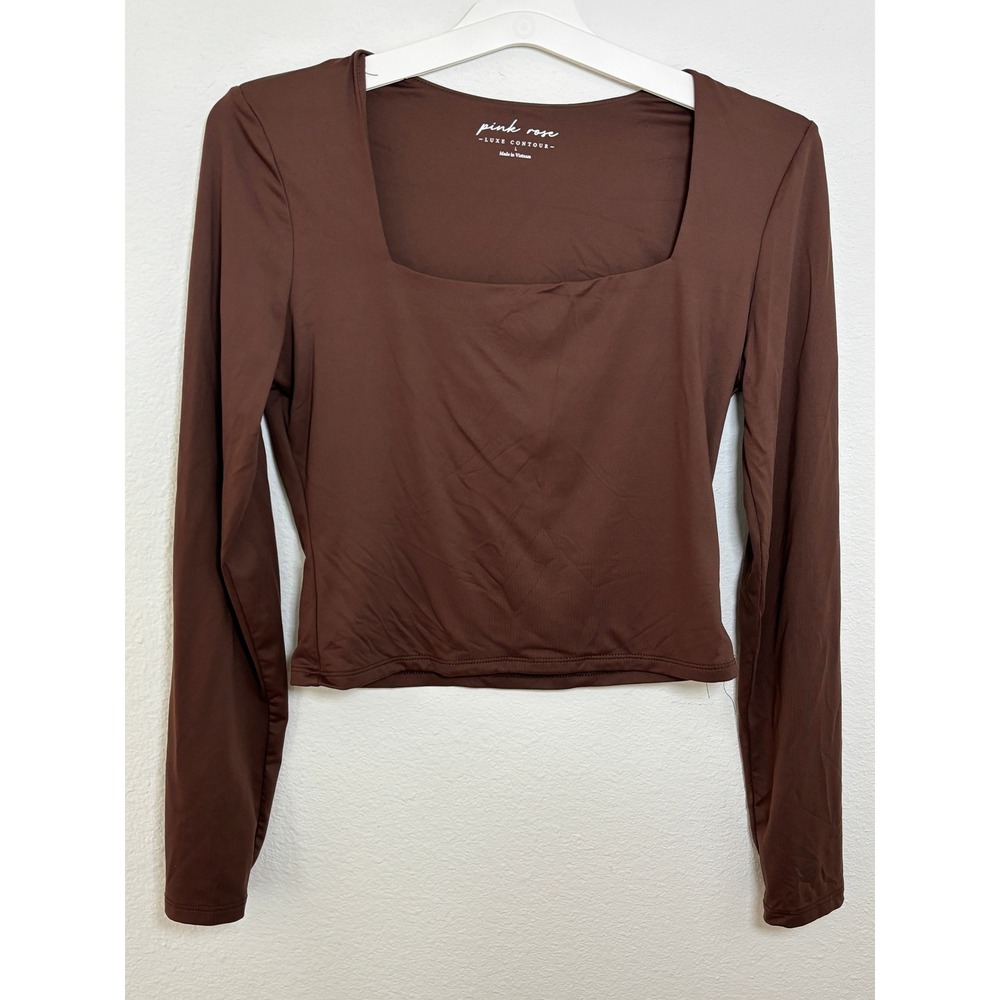 Pink Rose Luxe Contour Square Neck Long Sleeve Crop Top Brown Large